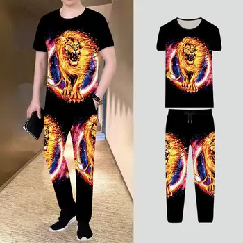 2021 новая мужская повседневная одежда, футболка с короткими рукавами и 3D львом + брюки, футболка с тигровым принтом из 2 предметов, модный мужской костюм