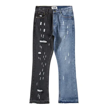 2021 Стильный цветной блок, лоскутное шитье, рваные мужские джинсовые брюки-клеш в стиле хип-хоп, винтажные выстиранные мешковатые джинсовые брюки Pantaloni Uomo