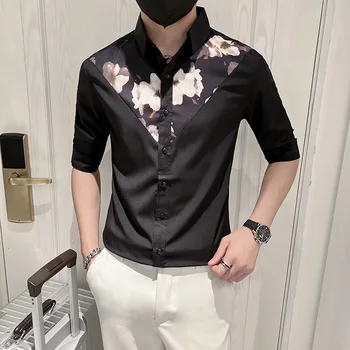 2022, Мужские рубашки с цветочным рисунком, Летняя повседневная рубашка с коротким рукавом, топы для социальных вечеринок, корейская уличная одежда, блузка, мужская одежда