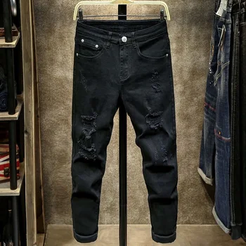 2023 Весна и осень Новые мужские классические модные однотонные рваные брюки, мужские повседневные удобные эластичные джинсы высокого качества