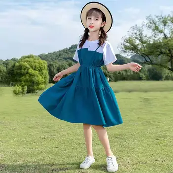 2023 Новое платье для отдыха для девочек, Летние Платья Принцессы с короткими рукавами для девочек-подростков, модная детская одежда в стиле пэчворк для девочек