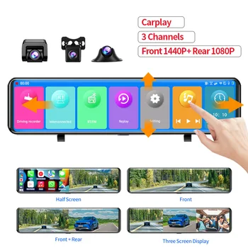 carplay Dash cam 12 Дюймов, Автомобильный видеорегистратор с Разрешением 1440p, Зеркало заднего вида с разрешением 1080P, Видеорегистратор 3 в 1, 3 камеры