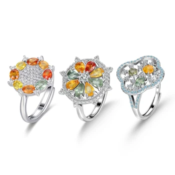 GEM'S BALLET В форме цветка, Серебро 925 пробы, Регулируемое Открывающее кольцо, Натуральное многоцветное сапфировое кольцо для женской вечеринки