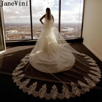 JaneVini Элегантные Белые свадебные вуали длиной 3,5 м, Двухслойные Кружевные аппликации по краю, Длинная фата для новобрачных с гребнем, аксессуары для невест