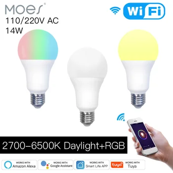 Moes WiFi Умная светодиодная Лампа с Регулируемой Яркостью 14 Вт RGB C + W E27, Меняющая Цвет, Tuya Smart App Control, Работающая с Alexa Google LED