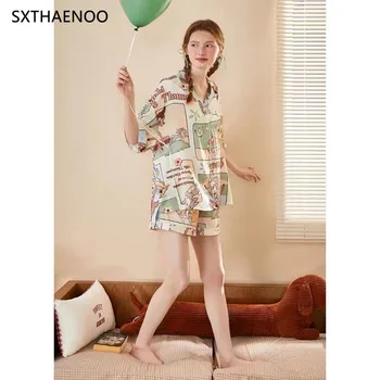 SXTHAENOO/ Летние женские пижамные комплекты с отворотом, рисунком Бэмби, топы с оборками + шорты. Винтажная женская пижама для девочек, Одежда для сна, одежда для отдыха