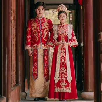 Великолепный Золотисто-красный Костюм XiuHe В традиционном китайском стиле, Женское свадебное платье, Расшитое бисером, Со стразами, С Длинными рукавами, Комплект для Невесты