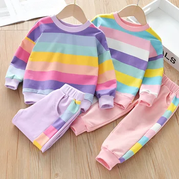 Весенне-осенний комплект одежды для девочек 2-10 лет, рубашка в радужную полоску с длинными рукавами + брюки, детский костюм из 2 предметов, Хлопковая детская одежда