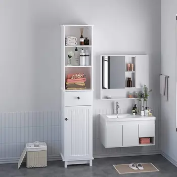 Высокий Шкаф для хранения в ванной Комнате, Напольный Органайзер, 3 ярусные полки, Белый