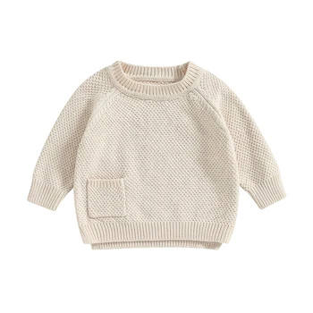 Вязаный свитер Для новорожденных мальчиков и девочек, трикотаж с круглым вырезом и длинными рукавами, Пуловеры, топы, Осенне-зимняя теплая одежда