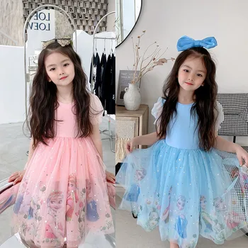 Газовое платье Принцессы для девочек, Летнее Детское Платье Эльзы и Анны с принтом 