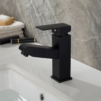 Двухразмерный матовый черный латунный смеситель для раковины в ванной комнате, выдвижной смеситель для холодной и горячей воды, гарантия высокого качества