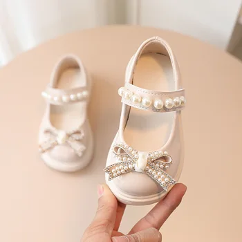 Детская модная обувь принцессы из искусственной кожи с жемчужным бантом и узлом для девочек, милая детская обувь, модная обувь Мэри Джейн для девочек с мелким носком