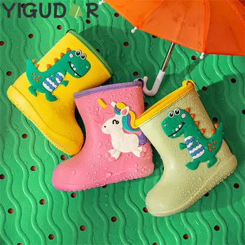 Детские непромокаемые ботинки с милым динозавром из мультфильма для мальчиков и девочек, водонепроницаемые резиновые нескользящие непромокаемые ботинки для малышей, обувь для девочек