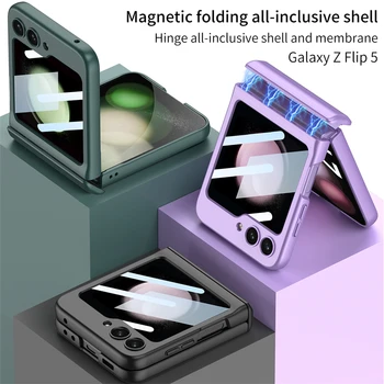для Samsung Galaxy Flip 5 Чехол Flip5 4 3 Защита на магнитных петлях Матовый жесткий пластиковый противоударный чехол со стеклом экрана