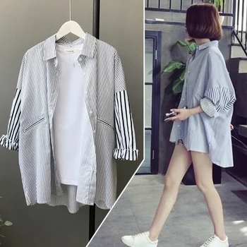 Женская блузка в корейском стиле, рубашка в полоску, сращивание, универсальная Повседневная женская блузка Оверсайз для девочек, JAN88