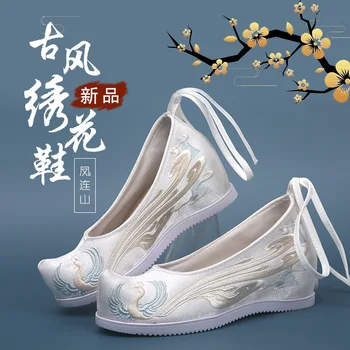 Женская обувь из ткани Хань Фу с вышивкой в этническом стиле Для танцев На высоком каблуке с вышивкой Феникса