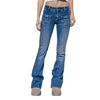 Женские винтажные джинсовые брюки с вырезами, блестящие стразы, джинсовые брюки-клеш с низкой талией в виде звезды
