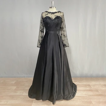 Женское вечернее платье DIDEYTTAWL черного цвета с реальными фотографиями, длинные рукава, кружевные аппликации, атласное вечернее платье трапециевидной формы