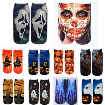 Забавные носки для вечеринки в честь Хэллоуина с 3D принтом скелета тыквы для женщин, хлопковые повседневные креативные носки с низким голенищем, Happy Calcetines