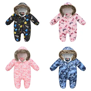 Зимняя новая теплая одежда для маленьких мальчиков и девочек, Модный разноцветный принт с меховым воротником, Сиамский комбинезон, милая одежда для новорожденных