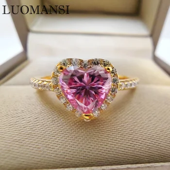 Золотое кольцо Luomansi в форме сердца, Розовый муассанит 2CT 8 мм, с сертификатом 100%-S925, Женские Ювелирные изделия, Подарок для свадебной вечеринки