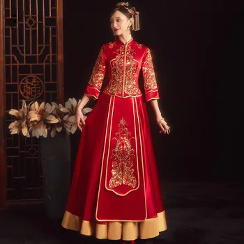 Изысканная вышивка Блестками, бисероплетение, Свадебное платье для пары, Элегантный воротник-стойка, Китайский свадебный Чонсам Свадебное платье