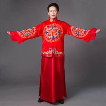 Китайский свадебный костюм мужской костюм с бабочкой шоу Hanfu свадебное платье красный жених длинное платье с драконом и фениксом 2019