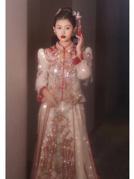 Китайское Традиционное Свадебное платье С блестящими Пайетками, Цвет Шампанского, Золотая Вышивка, Классический Чонсам, Бисероплетение, Кисточки, Ципао