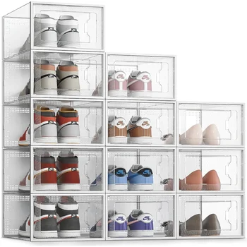 Коробка для хранения обуви в 12 упаковках, Прозрачный Пластиковый Штабелируемый Органайзер для обуви в шкафу, Подставка для обуви, Кроссовки Подходят до 14 размера (Прозрачные)