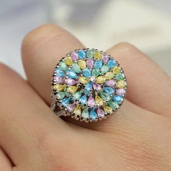 Красивое дизайнерское кольцо, Большое круглое роскошное трендовое ювелирное изделие, новое ассорти красочных кристаллов капли воды, женские ювелирные изделия, любовные кольца