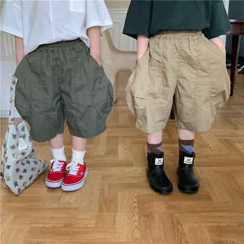 Летние детские свободные брюки среднего размера в японском стиле для мальчиков и девочек, универсальные повседневные брюки длиной до колена