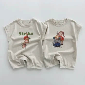 Летняя Одежда для мальчиков и девочек, Комбинезон с короткими рукавами для новорожденных, Модный Простой повседневный Детский цельный тонкий хлопковый комбинезон для младенцев