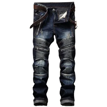 Модные Мотоциклетные джинсы, мужские Потертые Рваные Обтягивающие мужские джинсы, облегающие Джинсы для мотобайкеров, Эластичные Джинсовые брюки, Мужские брюки