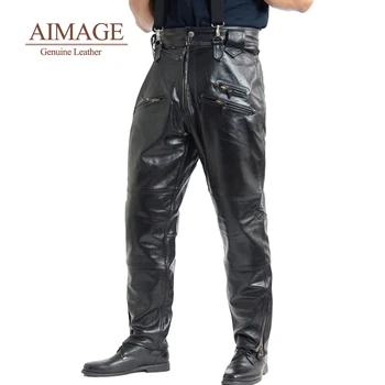 Мужские брюки из натуральной кожи, мужской осенне-зимний верхний слой из воловьей кожи, свободные мотоциклетные брюки пилота размера плюс PY204