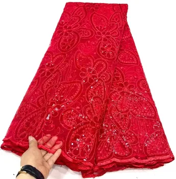 Новейшее красное тяжелое пышное тюлевое кружево Африканская кружевная ткань Французская Кружевная ткань с блестками Свадебное платье Свадебное платье Кружева