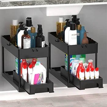 Органайзеры под раковиной и хранилище для ванной комнаты, корзины для сбора ванн, универсальная полка для хранения (черная)…