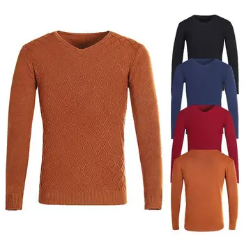 Осенний новый мужской однотонный свитер с V-образным вырезом, модный свитер в ромбовидную клетку, тонкий вязаный низ