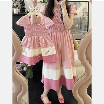 Платья для мамы и дочки, подходящие для Мамы Маленьких девочек, Милое Розовое платье Принцессы для отпуска 2023, Одинаковая одежда для мамы и меня