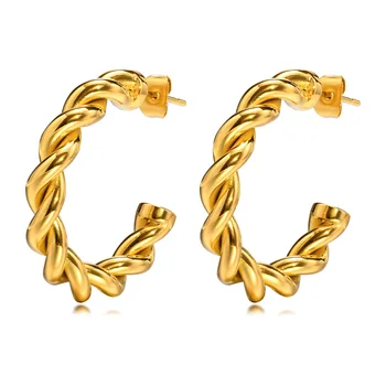 Позолоченные серьги-кольца из витой веревки для женщин, Минималистичные украшения из нержавеющей стали для подарка на День рождения