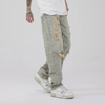 Рваные джинсы в американском ретро-уличном стиле с цветочным узором кешью, мужские модные брендовые брюки с прямыми штанинами в стиле хип-хоп