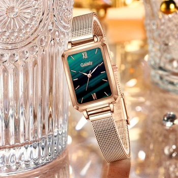 Роскошные Женские часы-браслет с квадратным зеленым циферблатом для женщин, Модные Розовые кварцевые часы из нержавеющей стали, Женские наручные часы в подарок