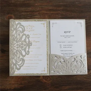 Светло-серый карманный пригласительный на свадьбу с лазерной резкой, серый с золотыми блестками, персонализированная дизайнерская печать