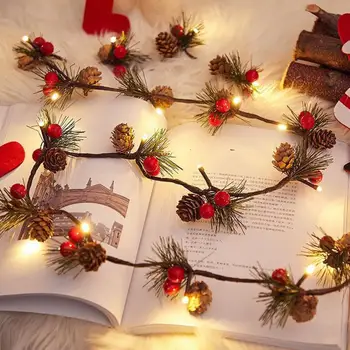 Светодиодные Гирлянды с красными ягодами, гирлянда из сосновых шишек, лампа для Рождественской вечеринки, настольная лампа для украшения дома в спальне