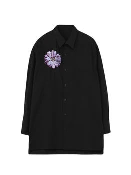 Фиолетовые рубашки с цветочной вышивкой, рубашка Унисекс, черная рубашка оверсайз yohji yamamotos homme, топы Owens для мужчин, рубашки и блузки