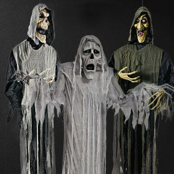 Хэллоуин украшения висит призрак электрический голосовой индукционный скелет смерти с привидениями Дом ужасов реквизит кулон