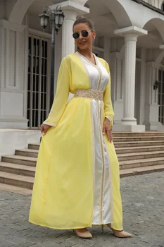 2022 новый женский длинный желтый костюм mslalb из 2 предметов с поясом, украшенным жемчугом