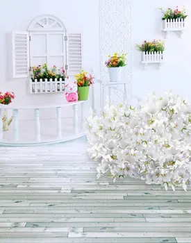5x7ft Деревянный пол Белые Комнатные цветы Фотографии Фонов Реквизит для Фотосъемки Студийный фон