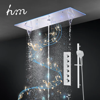 hm Высококачественная музыкальная светодиодная душевая система, большой потолочный дождевой водопад, распылительная насадка для душа, термостатический смеситель для ванной комнаты