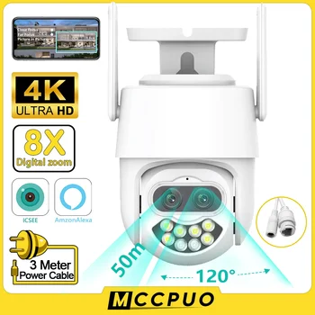 Mccpuo 4K 8MP Двухобъективная WiFi камера наблюдения с 8-кратным Оптическим зумом AI Автоматическое отслеживание 80 м Полноцветная IP-камера ночного видения iCSee